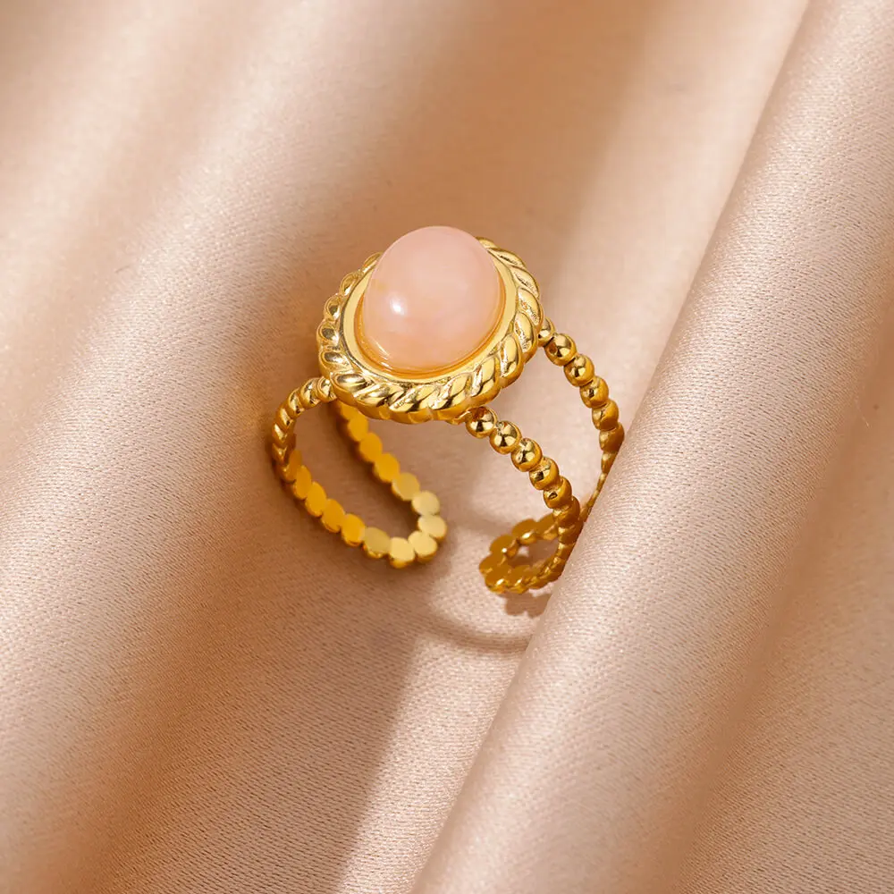 Green Stone Stainless Steel Open Rings For Women