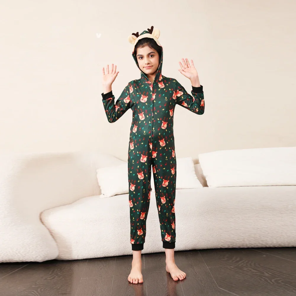 2024 Christmas Family Matching Outfit Cute Deer Ear Hooded Zipper Romper Cute One-Piece Jumpsuit Allover Print Pajamas Xmas Look 4