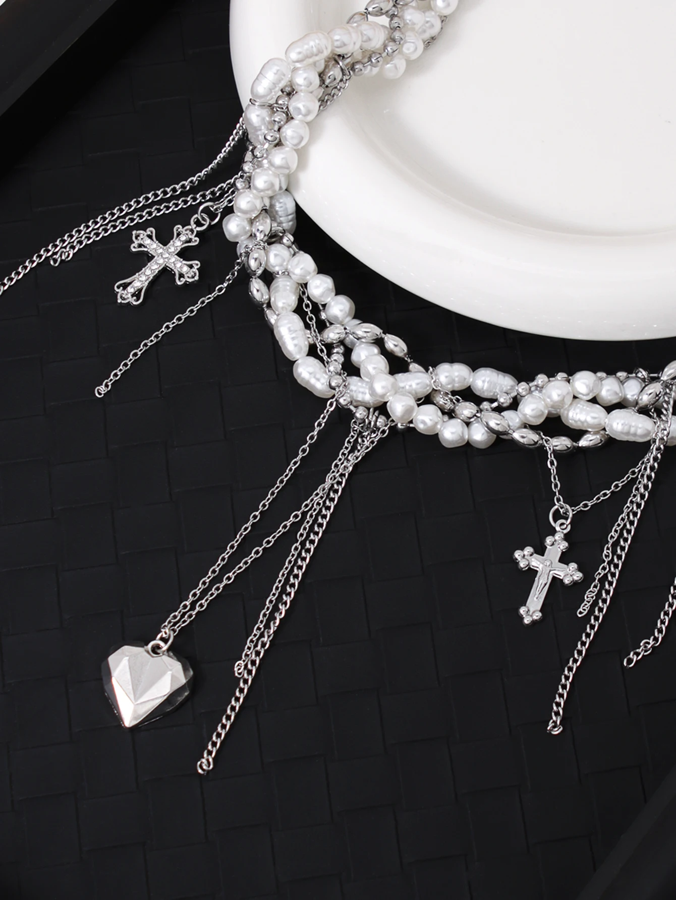 Hip hop stainless steel tassel chain love cross charm punk womens necklace