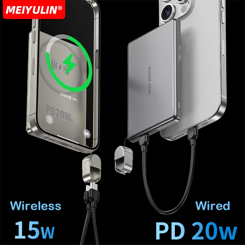Ultra-thin Magnetic Wireless Power Bank 10000mAh Fast Charging With Cable External Spare Battery For Magsafe For iPhone Xiaomi 2