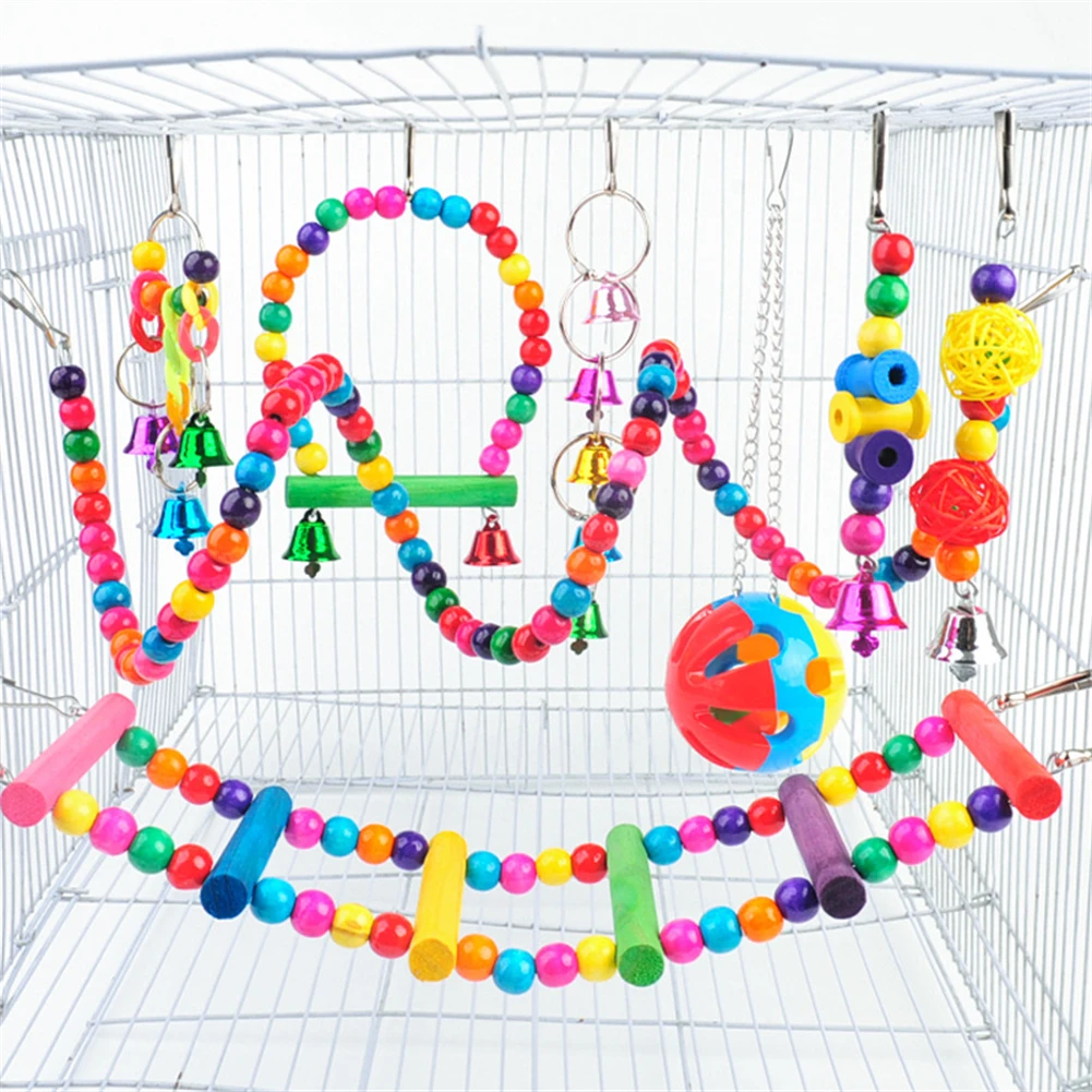 

Тренировка жевания-игрушка Parakeet, комбинированная игрушка для птиц, набор для попугая, клетка, колокольчики, игрушечная лестница, Маленький Попугай, подвесной гамак