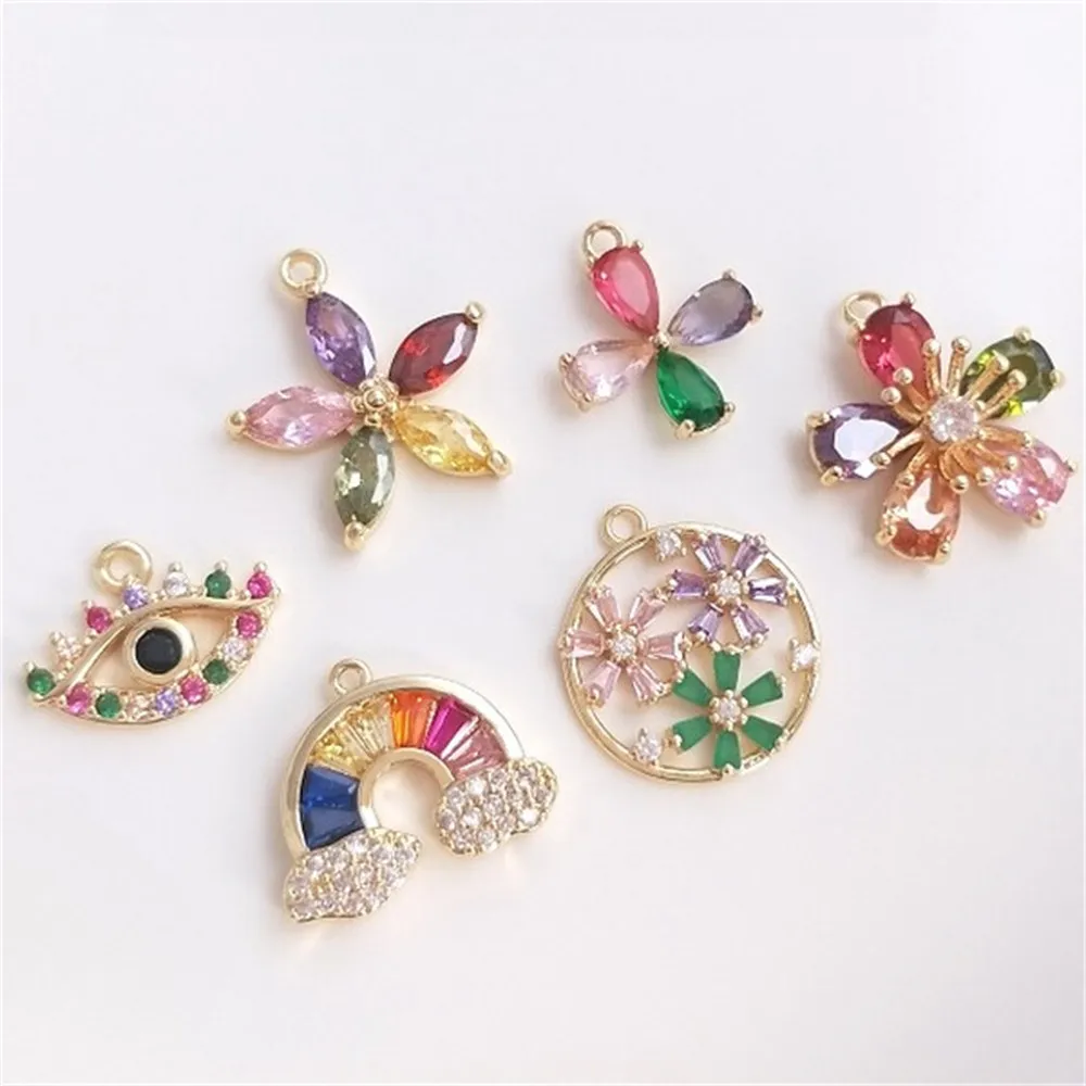 14K 골드 상감 컬러 지르콘 시리즈 꽃 무지개 눈 펜던트 DIY 귀걸이 목걸이 쥬얼리 참 펜던트 K453