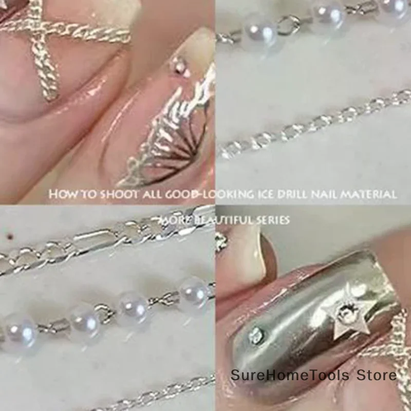 60cm Gold Silver Alloy Nail Chains & Stone Beads - 3D Punk Style Nail Jewelry Charms for DIY Manicure Decorations Accessories