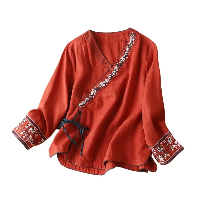 Summer Chinese Style Women Blouse Cotton Linen Embroidery Loose Comfortable Oblique Collar Oriental Hanfu Blouse women chinese shirt