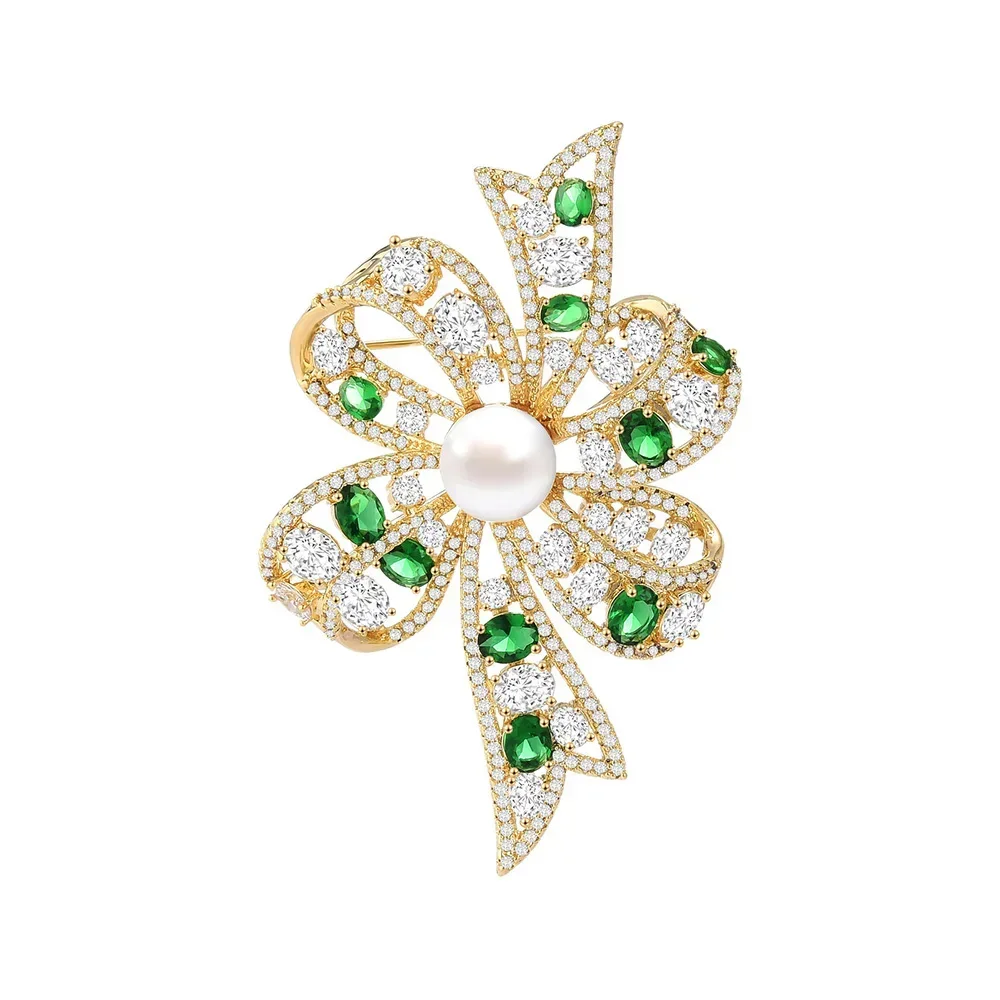Hollow Inlaid Zircon Bow Brooch Elegant Freshwater Pearl Bowknot Corsage High-quality Women's Brooches for Clothes Decor