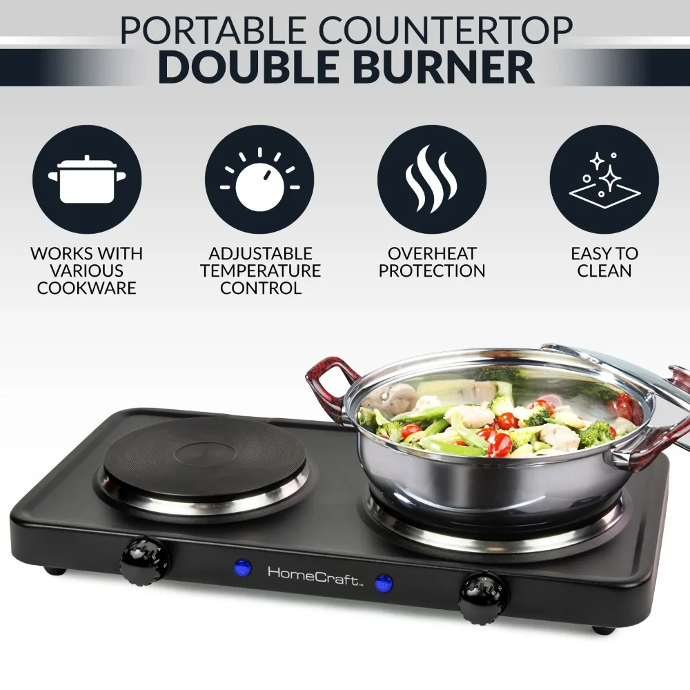 Double Burner Electric Stove Boiler Adjustable Temperature Control 1500-Watts Portable Countertop Hot Plate Induction Cooker