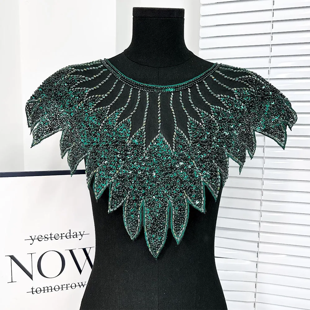 Sparkling Sequin Bead Feather Patches for Wedding Dress DIY - Tulle Fabric Applique Waistbands Shoulder Decor Skirts Accessories