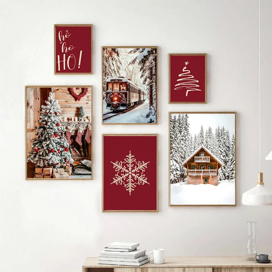 Winter Snow Scenery Train Wall Art ChristmasTree Snowflake Poster Canvas Painting Christmas Gallery Wall Set Holidays Room Decor