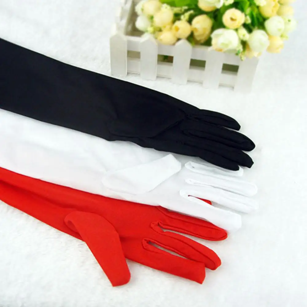 1 paio di guanti formali da sera per feste da donna, guanti lunghi in raso tinta una per attivà di eventi, colore rosso bianco  200000297