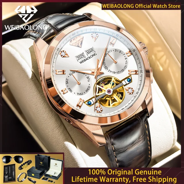 WEIBAOLONG 3806 Men Watch Luxury Skeleton Flywheel All Automatic Mechanical Watch High Genuine Leather Men Real Diamond Watch