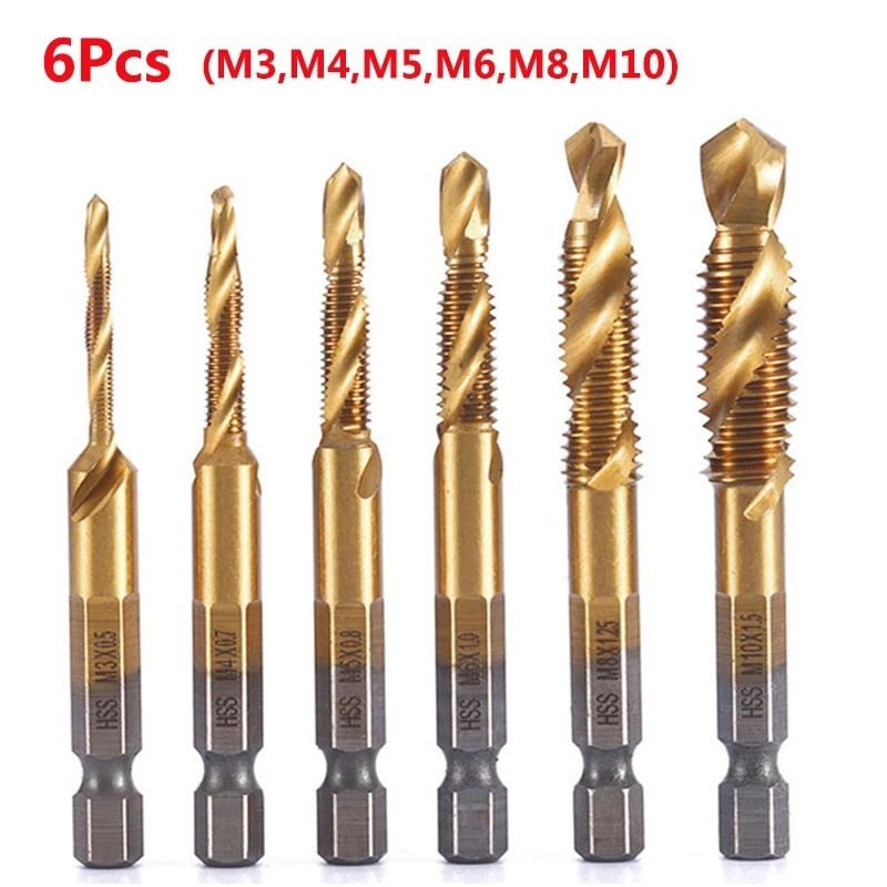 6pcs M3-M10 Screw Tap Drill Bits Hss Taps Countersink Deburr Set Metric Combination Bit High Speed Steel 1/4 IN Quick Change Hex