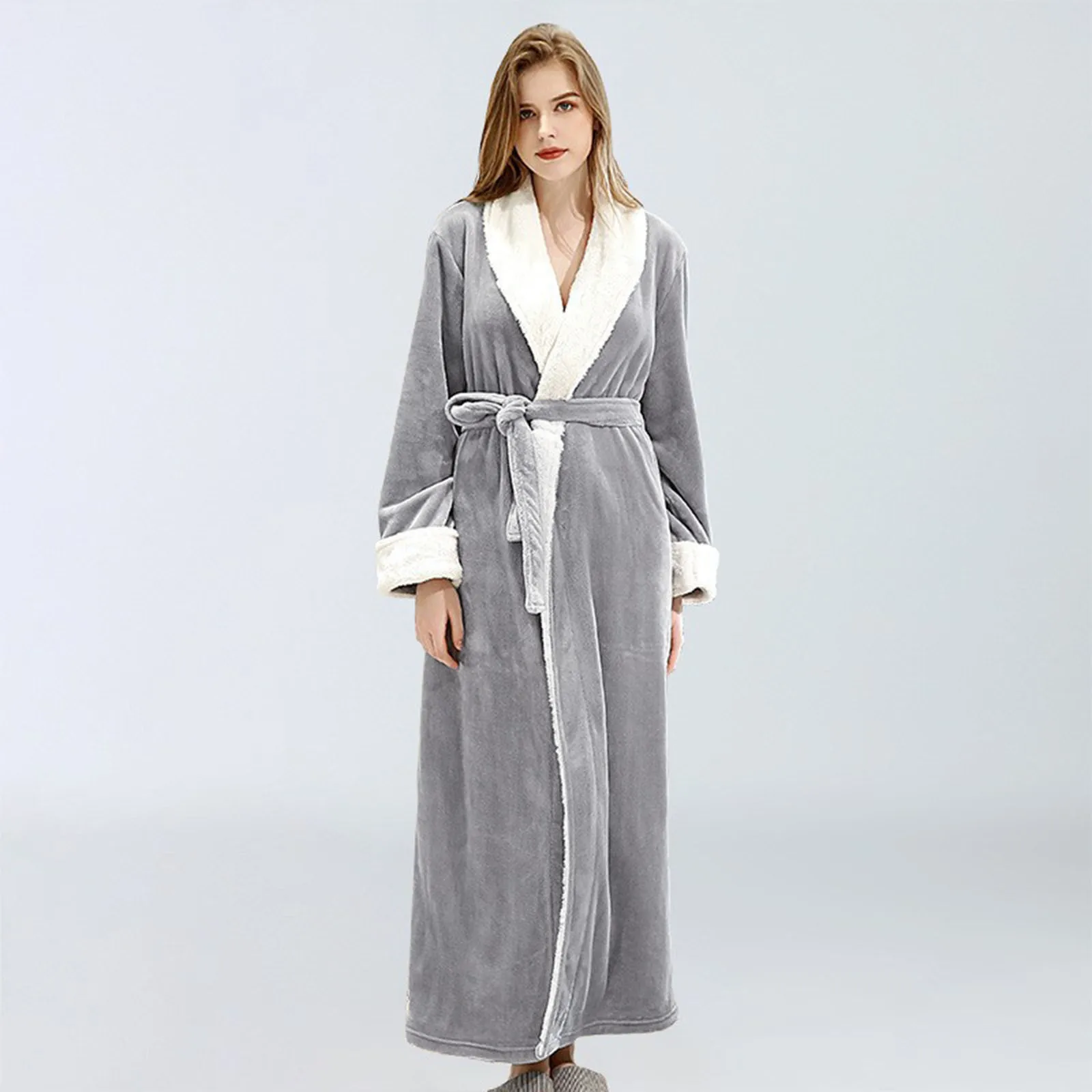 Womens New Soft Plush Bathrobe Kimono Bathrobe Fleece Robe Autumn Winter Solid Nightdress Fluffy Cute Long Coat Night Robe