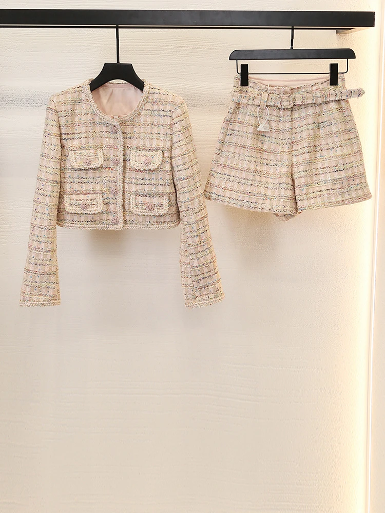 

Women Striped Tweed Set Single Breasted O-Neck Long Sleeve Jacket or High Waist Vintage Shorts with Belt
