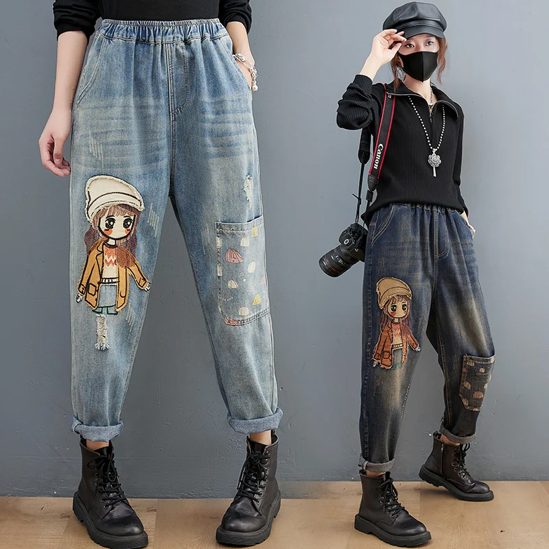 

Spring Fall Fashion Women's Cartoon Print Vintage Denim Female Ripped Hole Retro Patchwork Pants Jeans Lady Cute Casual Trousers