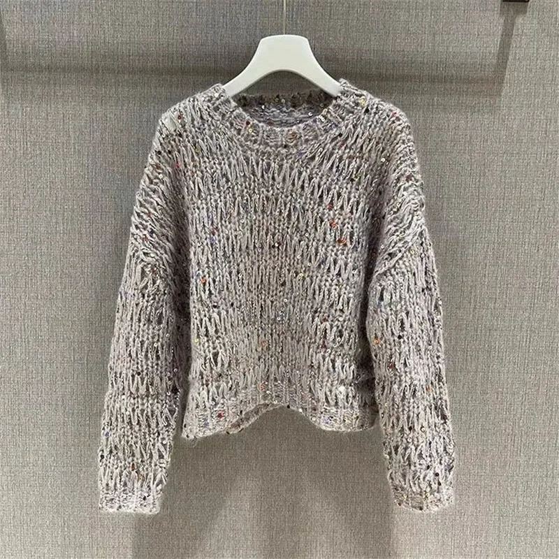 

Spring Autumn Hollow Out Sequined Knit Pullover Women Brand Crewneck Cashmere Wool Sweater High Quality Mohair Knitwears