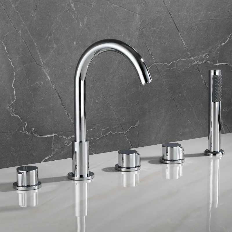 Brass Gold Bathtub Faucet Black Hot and Cold Mixer Tap Bathroom 5 Hole Faucet With Hand Shower 4