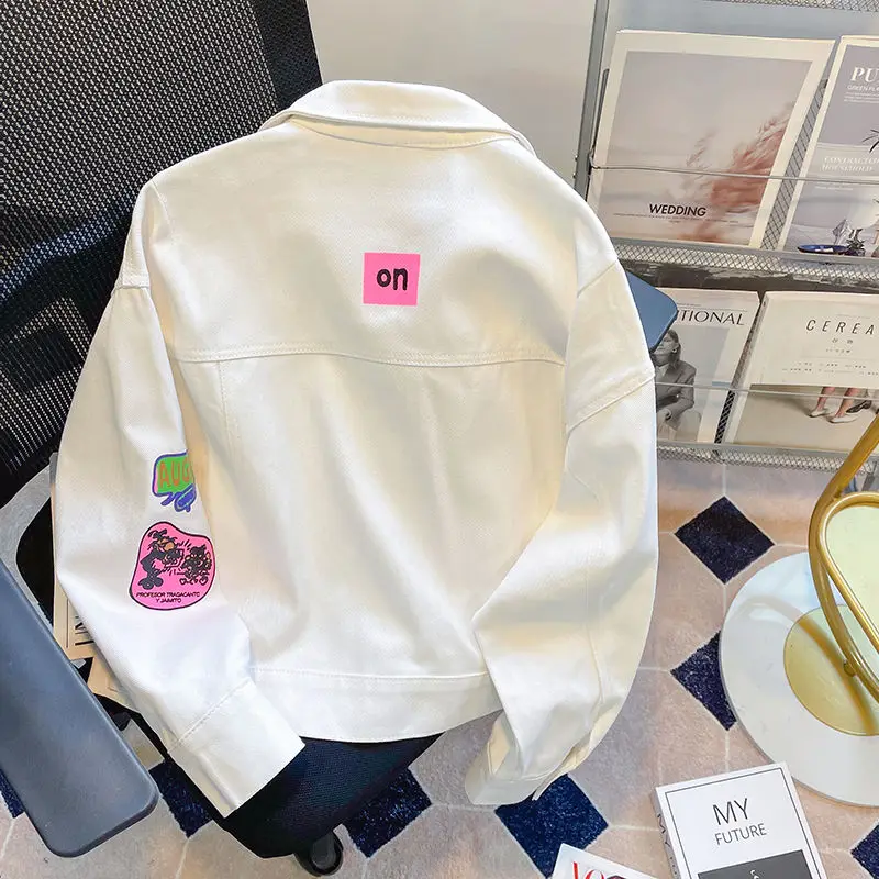 Spring and Autumn 2023 new  white loose denim coat  printed top high-end baseball woman  jackets for women  Thick （Winter)