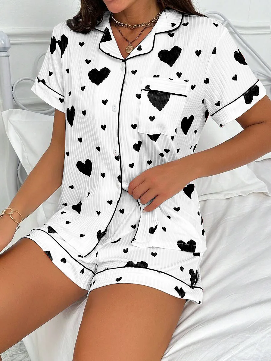 Coração impresso conjunto de pijama casual manga curta botão lapela topo e shorts elásticos pijama feminino respirável macio 8