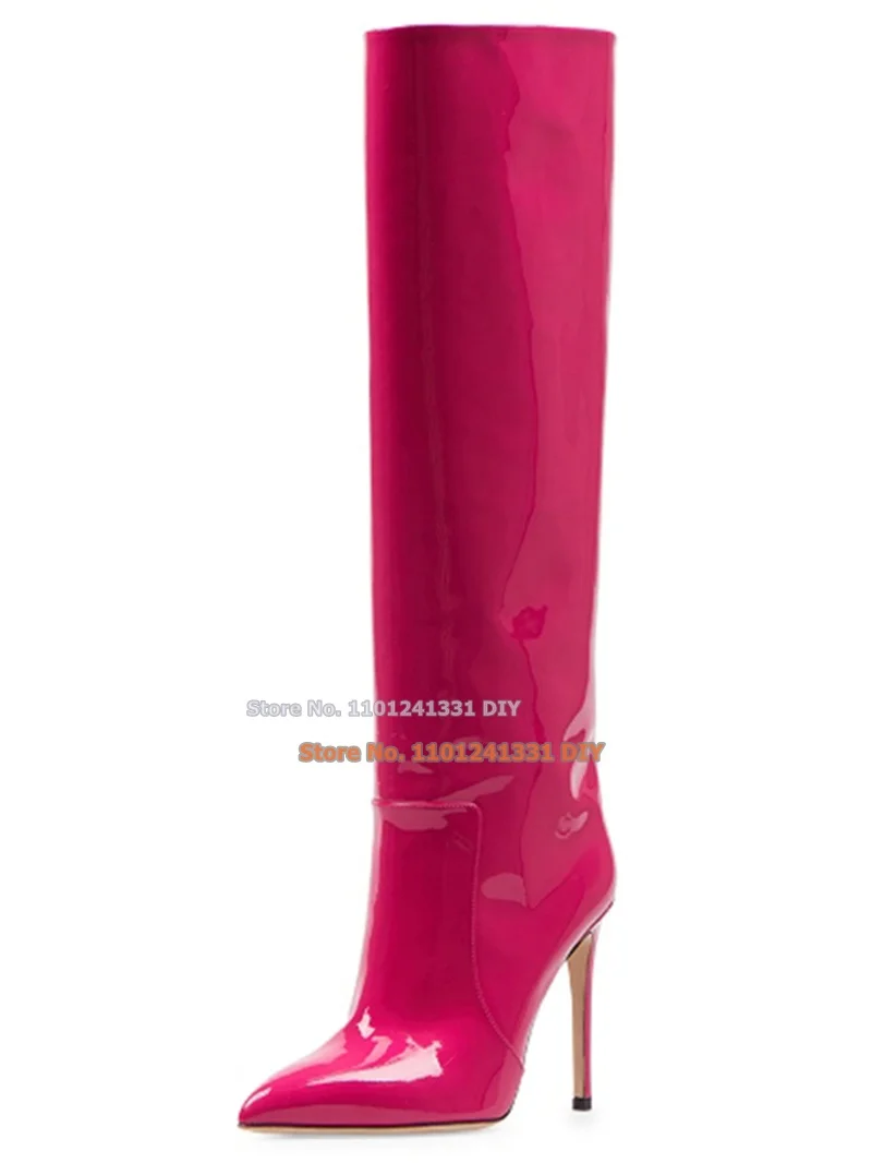 

Metallized Patent Leather Pointed Toes Knee High Boots Women Thin High Heels Stiletto Autumn Sping Long Bota