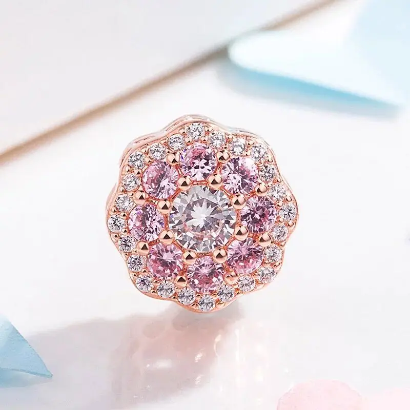 새로운  로즈 골드 꽃 참 레이 925 체인 비즈 맞는 오리지널 팔찌 액세서리 DIY 쥬얼리 여성 사랑