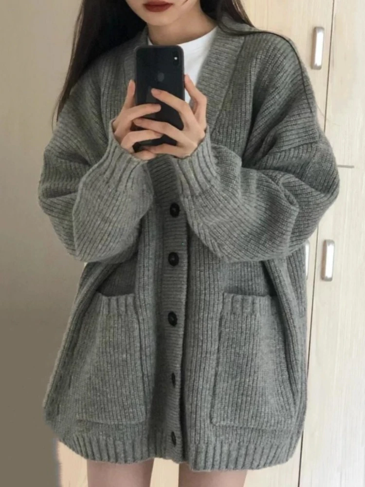 Autumn Winter Women Cardigan Sweater Coats Fashion Female Long Sleeve V-neck Loose Knitted Jackets Casual Sweater Cardigans
