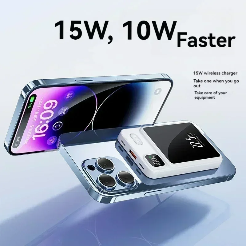 Portable Wireless Power Bank, Magnetic Qi Powerbank, Type C Fast Charger for iPhone 8-15, Mini, MaCsafe, 30000mAh, 22.5W