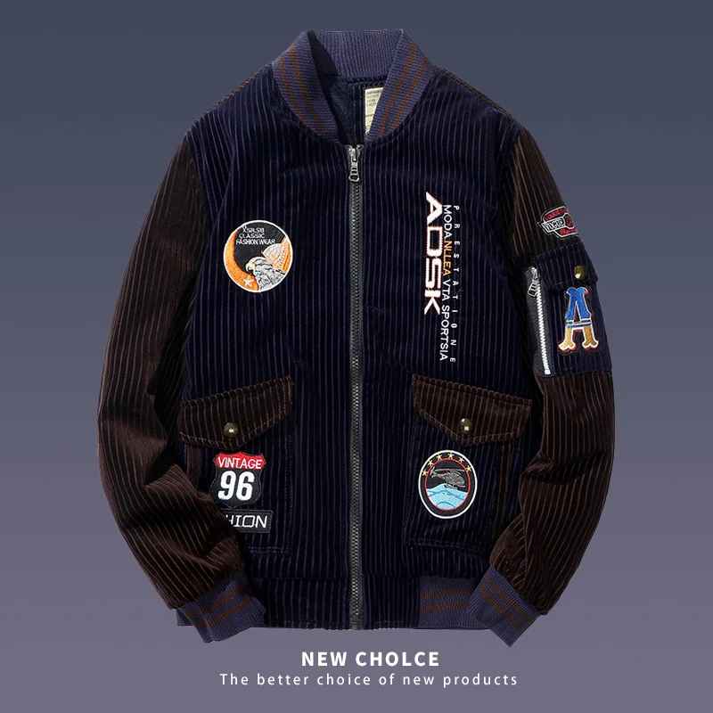 

American Fashion Brand Jacket Men's Corduroy Plush Flying Suit Student Autumn Winter Trend Embroidered Baseball Bomber Jacket