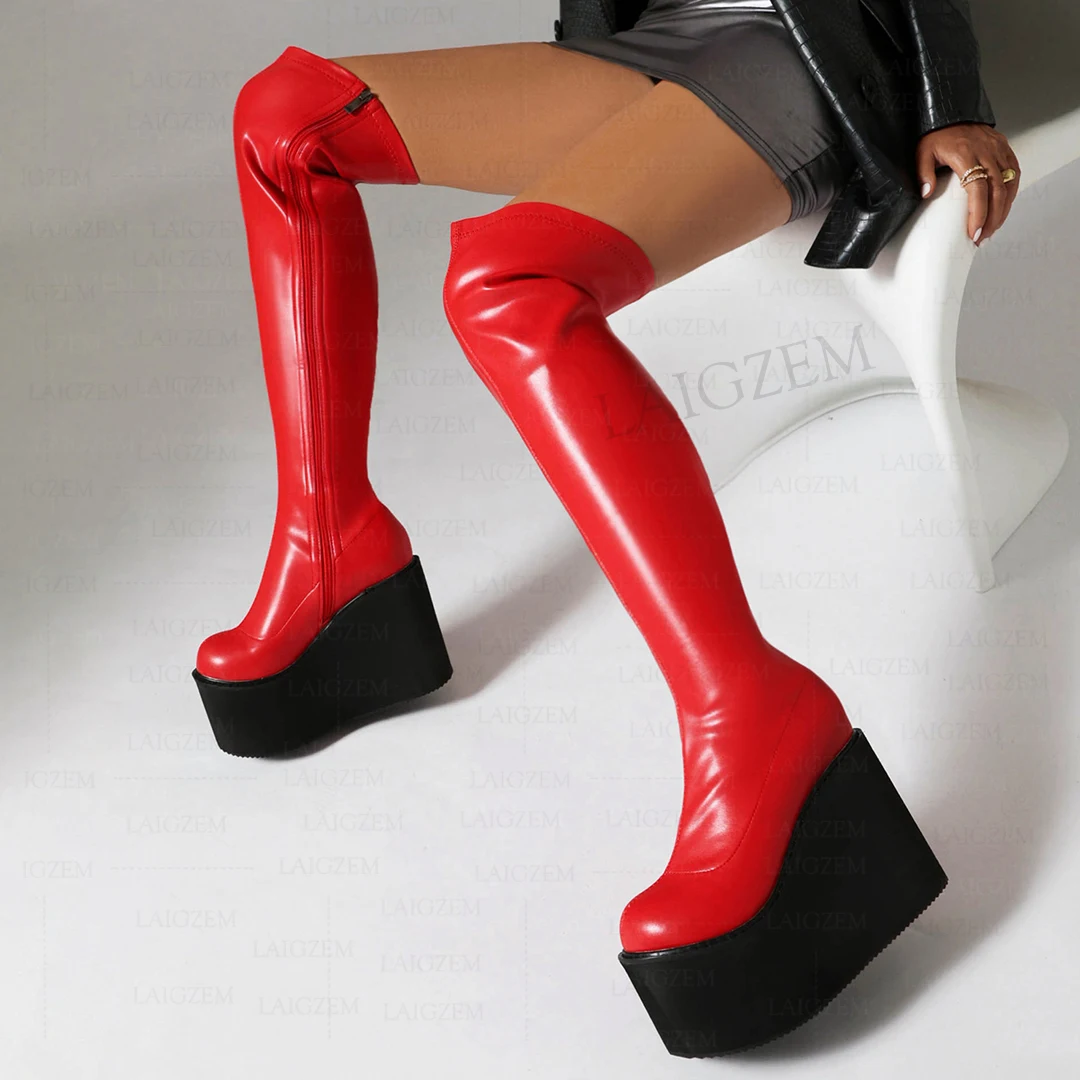 

LAIGZEM Women Over Knee Boots Full Zipper Platform 11.5CM Wedges Heels Tall Boots Ladies Black Shoes Woman Big Size 35 39 41 43
