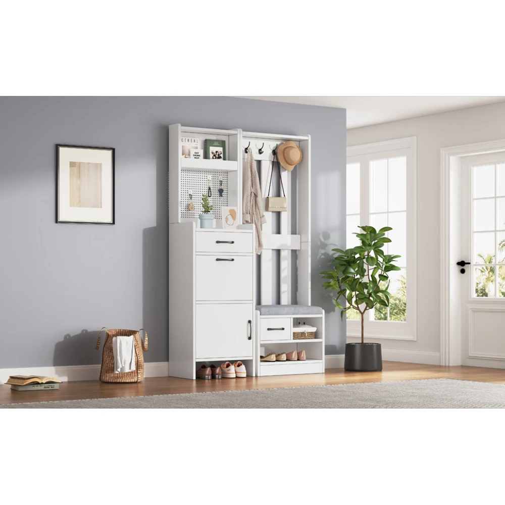 110 x 35 x 175,5 cm großer 7-in-1-Kleiderständer mit Schuhbank, freistehend, Kleiderständer mit 7 Haken, perforierte Wand, Matte, 2 Schubladen – Detail 6