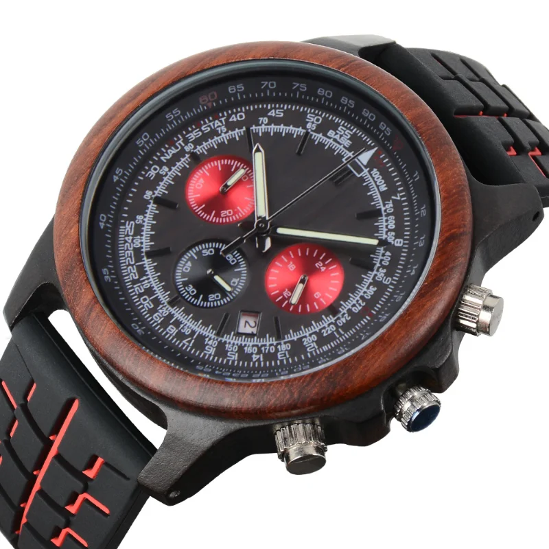 

Watch for Men Luminous Chronograph Fashion Business Quartz Wristwatch Wooden Large Dial Silicone Strap Mens Watches