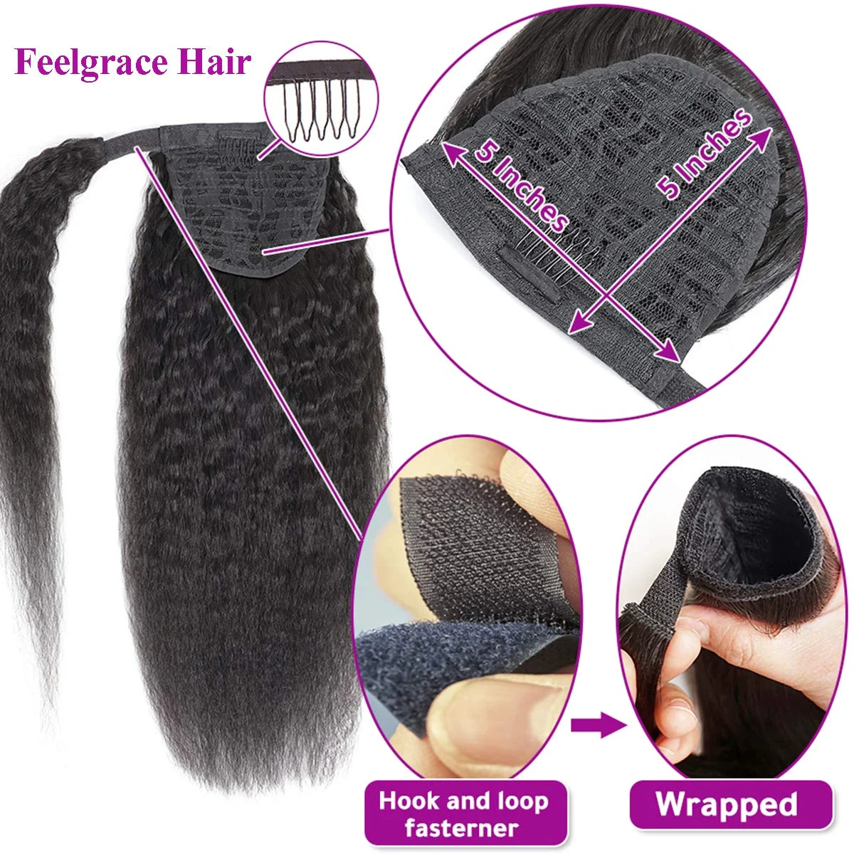 26인치 곱슬머리 생인모 포니테일 연장, 내추럴 블랙 브라질리언 리얼 인모 포니테일 헤어피스