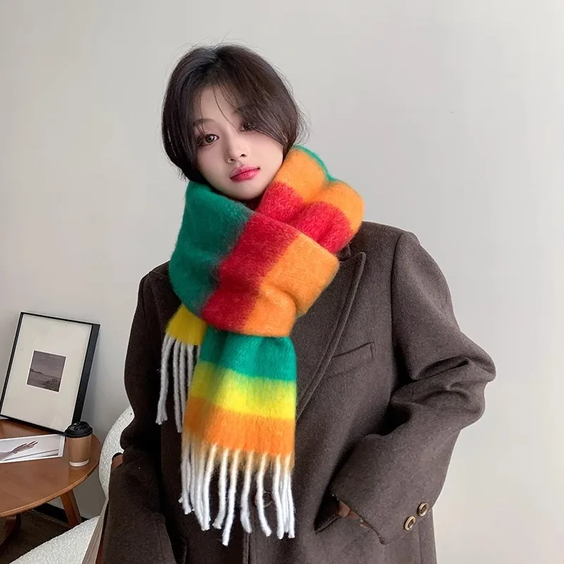 

Women Scarf Winter Striped Pashmina Shawls Cashmere Thick Wraps Lady Tassel Warm Scarves Rainbow Hairy Bufandas Big Poncho