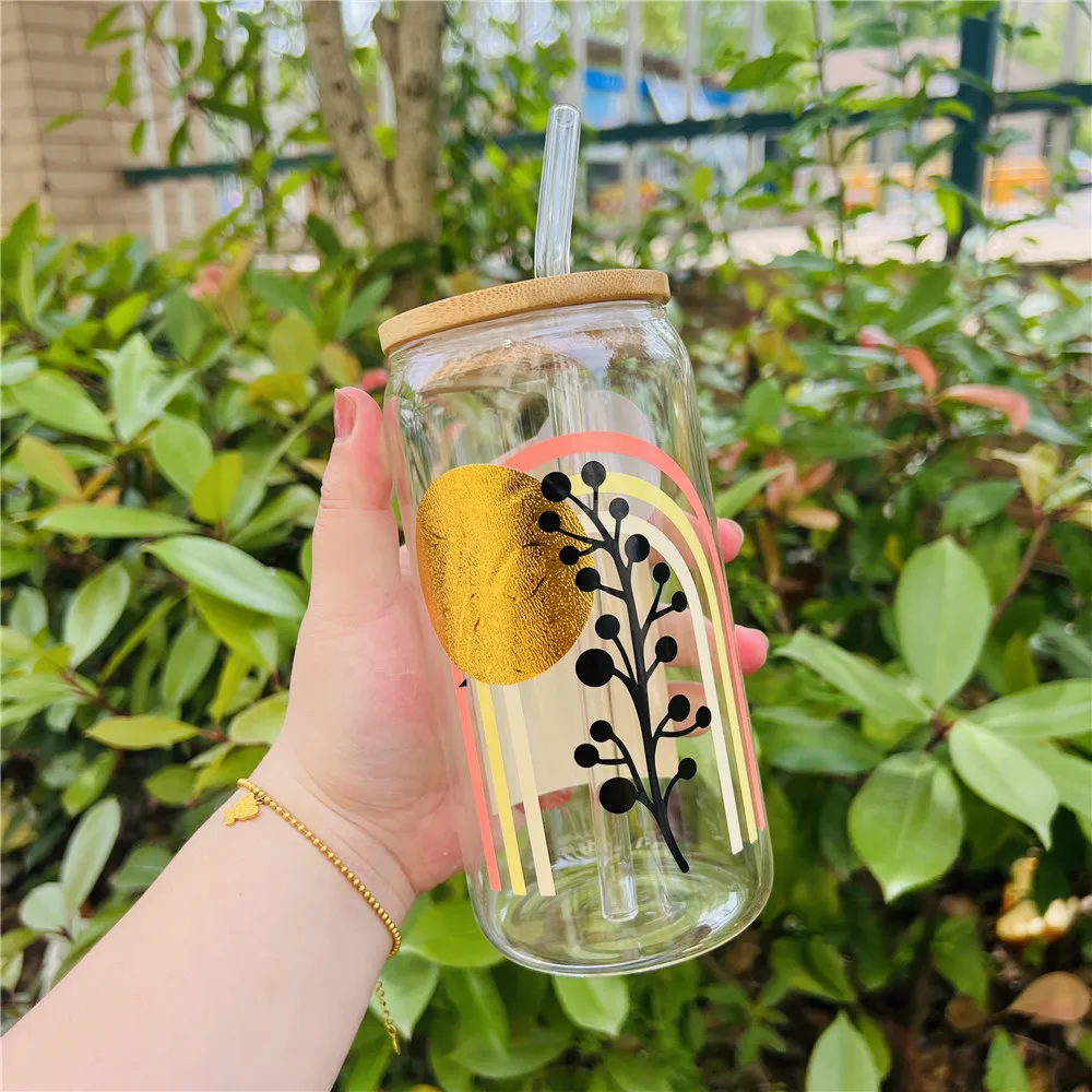 Beer Glass Bamboo Lid Straw Glass Cup Bamboo Lid Glass Beer Cups Lids Beer Glasses