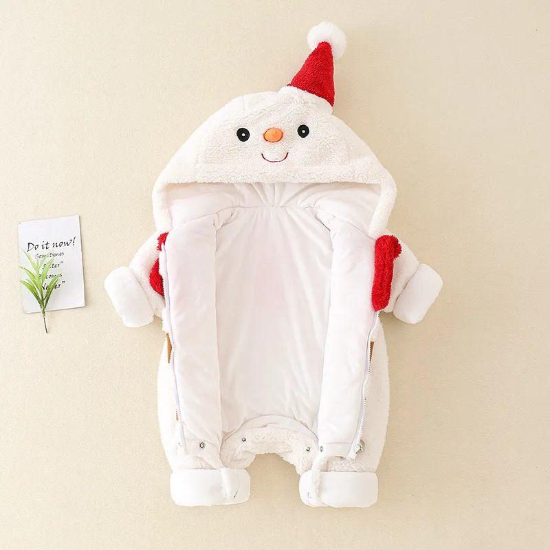 Baby Christmas Snowman Onesie Infant Warm Plush Jumpsuit with Hooded Hat Xmas Costume