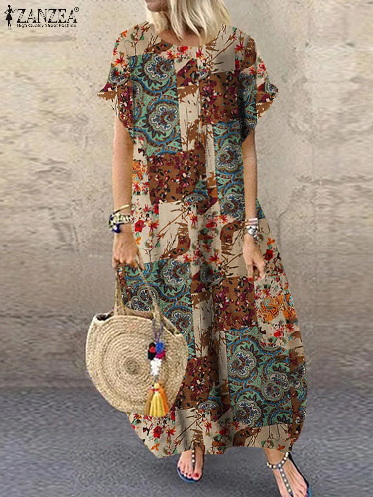 

ZANZEA Summer Bohemian Sundress Women Elegant Floral Maxi Dresses Short Sleeve Party Robe Femme Causal Holiday Vestidos Sarafans