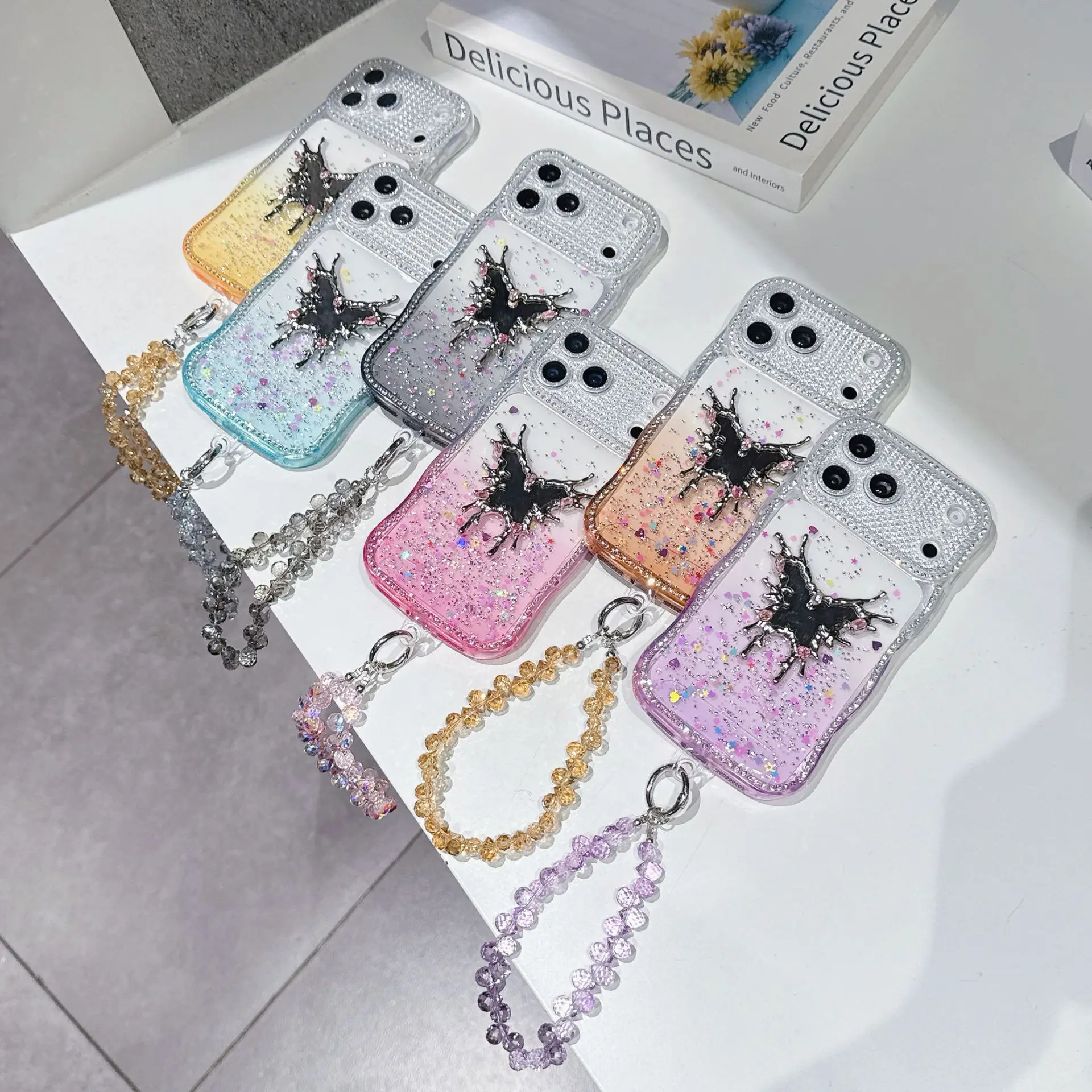 Butterfly Makeup Mirror Sparkling Diamond Case with Bracelet and Mirror Film