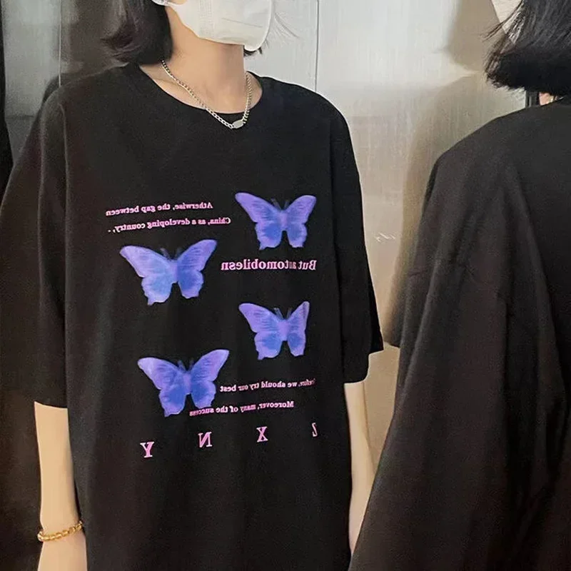 

Oversized T Shirt Women's Aesthetic Purple Butterfly Letter Print Harajuku Short Sleeve T Shirt Sweet Girl Streetwear Y2k Tops