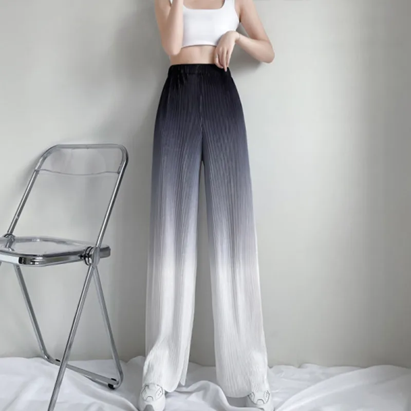 

Spring Summer Ice Silk Gradient Wide-Leg Pants Women Long Pants New High Waist Straight Hanging Casual Pants Tie-Dyed Mop Pants