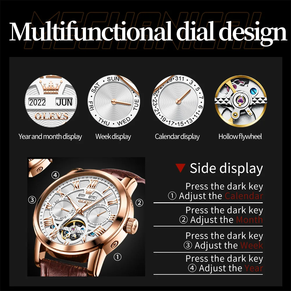 OLEVS Mechanical Watch for Men Dual Calendar Date Week Clock Skeleton Waterproof Leather Strap Men's Wristwatch Automatic Watch