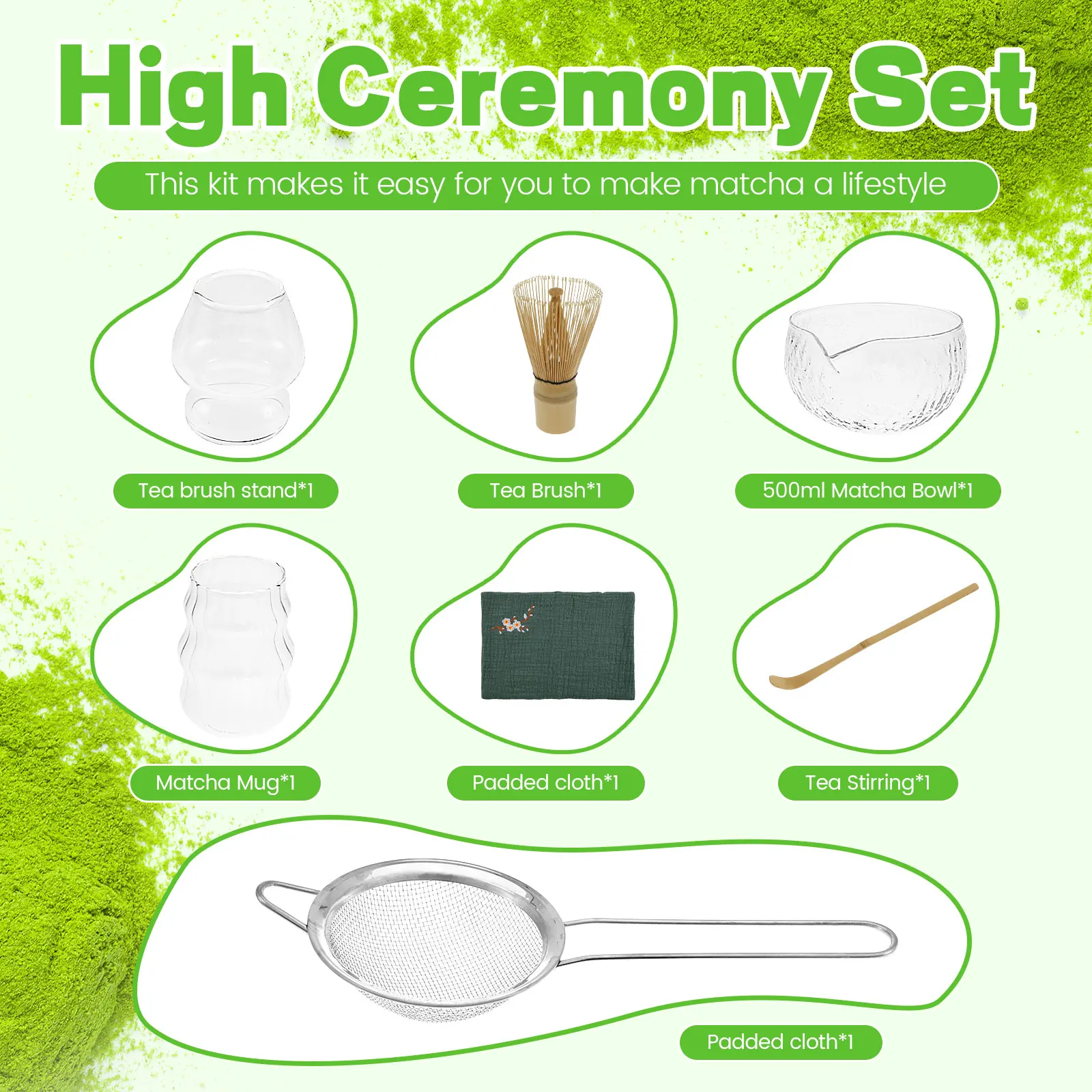 7Pcs Matcha Whisk Set Clear Glass Japanese Matcha Tea Set Making Kit with 500ml Bowl Cup Whisk