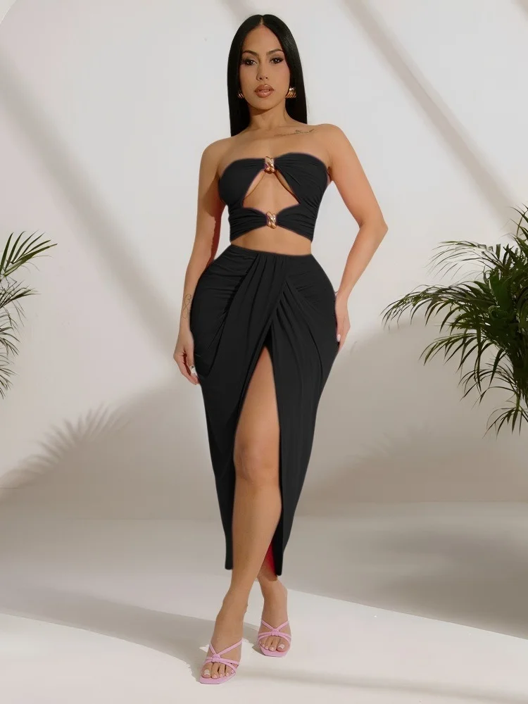 Wmstar Set Women Wholesale Strapless Cut Out Top Slit Elastic Skirt Pleated Skirt Sexy Two Piece Skirt Fancy Club Summer 2025