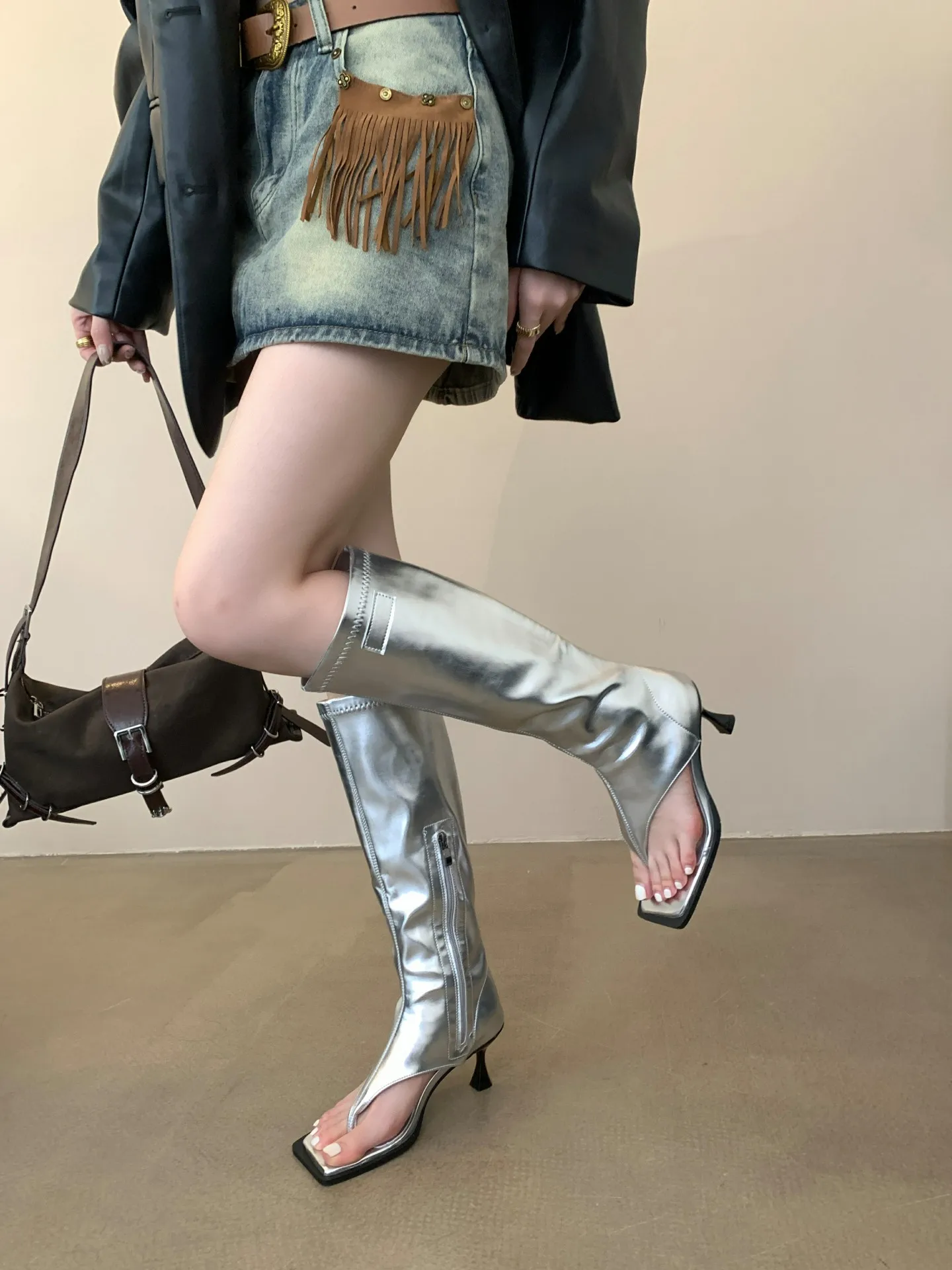 Aneikeh 2025 Sexy PU Square Head Clip Toe Sandals Boots Women's Thin Heel Side Zipper Sewing Chelsea Knee High Boots Party Ball