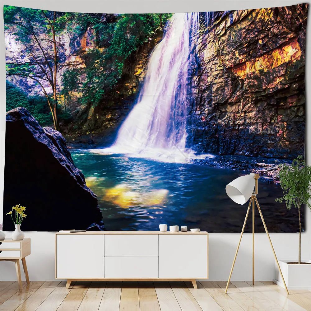 

Sunshine Forest Waterfall tapestry, natural landscape wall decoration, wall hanging cloth, Bohemian home background cloth