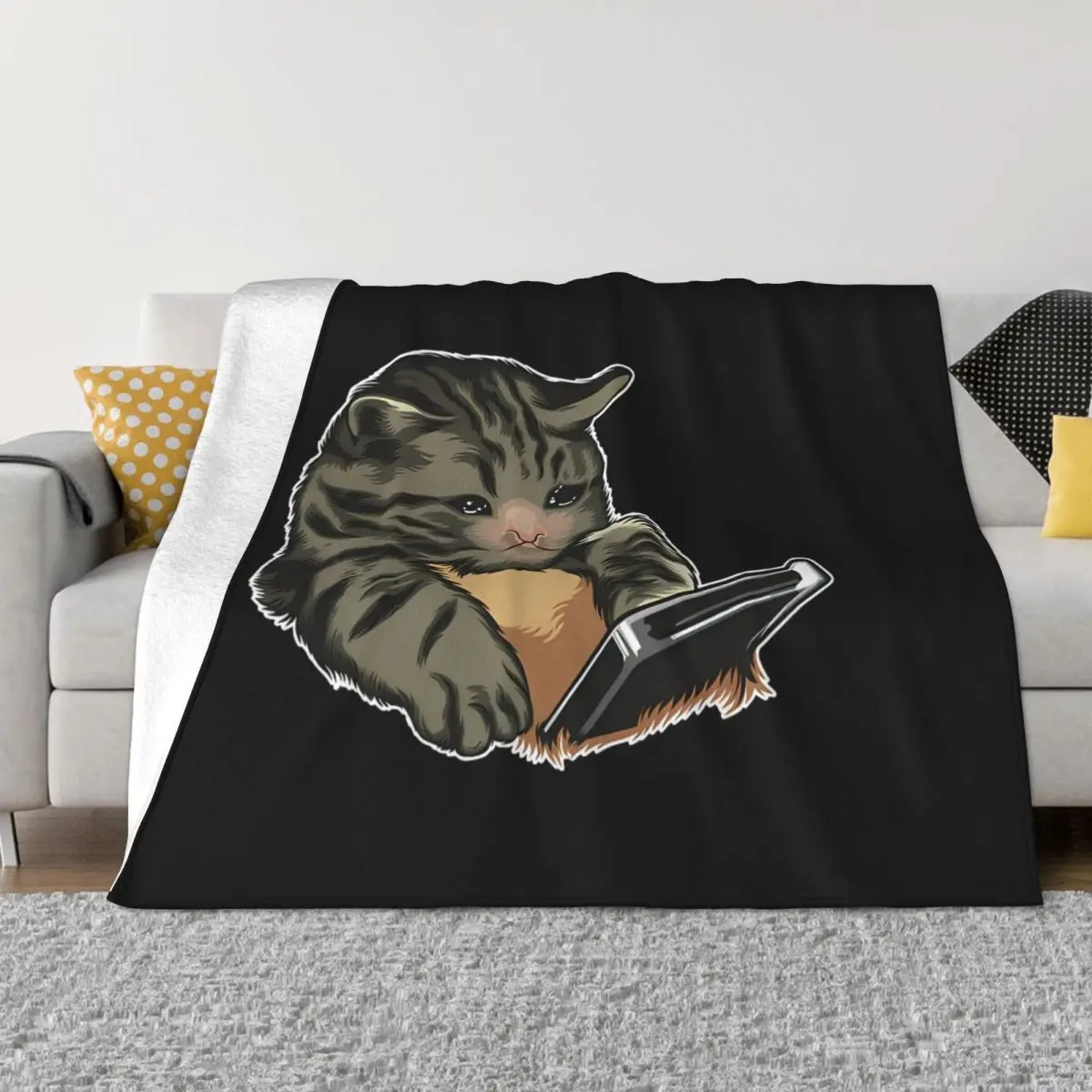 

Blanket Flannel Decoration Sad Cat Meme With Phone Portable Home Bedspread