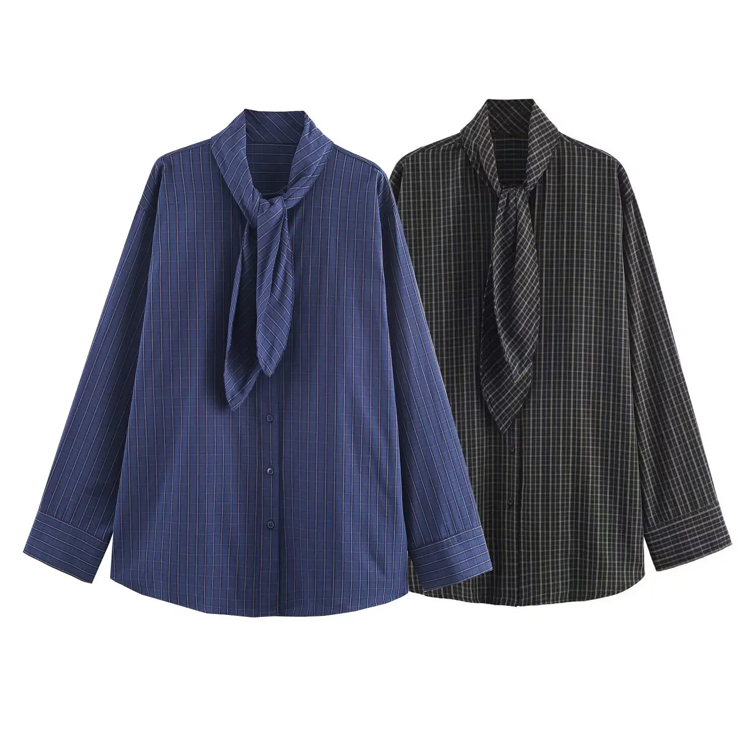 Women Plaid Shirts Female Spring Autumn New Scarf Collar Long Sleeve Single Breasted Fashion Blouses Lady Casual Chic Shirt Top