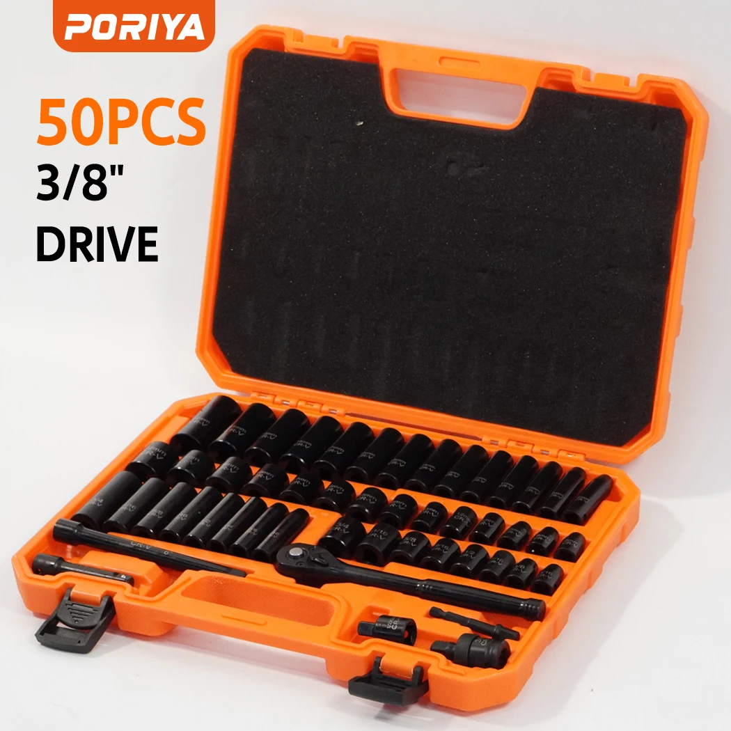 PORIYA 50Pc 3/8" Drive Impact Socket Set Ratchet Wrench Metric SAE Deep Short Sockets