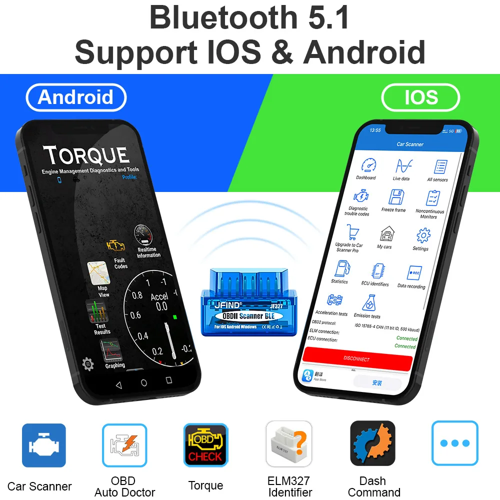 ELM327 Bluetooth 5.1 BLE V1.5 OBD2 Car Diagnostic Tools ELM 327 PIC18F25K80 Chip for IOS Android Scanner Clear Fault Code 3