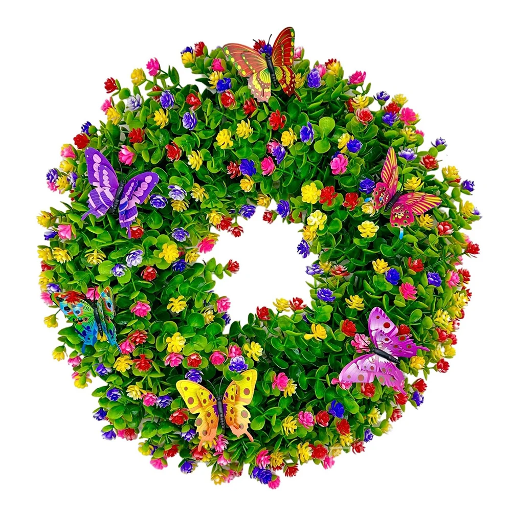 Artificial Eucalyptus Wreath Butterfly Flower Wreath Eucalyptus Leave Wreath Summer Wreath for Front Door Wall & Window Decor
