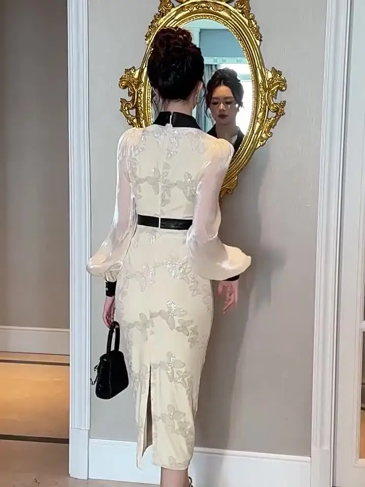 Women's French Elegant Formal Dresses Female Fashion Shiny Butterfly Sequin  PU Patchwork Robe Lady Banquet Party Vestidos Mujer - AliExpress 200000345