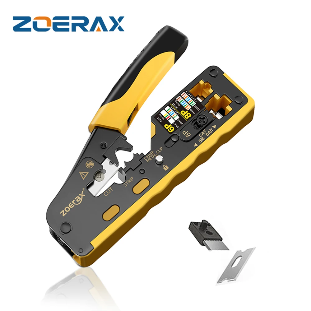 ZoeRax RJ45 Cat7 Crimping Tool Ethernet Crimping Tool and Wire Cutter for Cat7 Cat6a Cat6 and Cat5e Pass Through Connectors